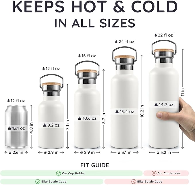 Bambaw Insulated Water Bottle 24 oz, Metal Water Bottle Stainless Steel, Keeps Drinks Cold for 24h Cold and Hot for 12h, Easy to Carry with Handle, Leak-Proof & Reusable (Polar White)