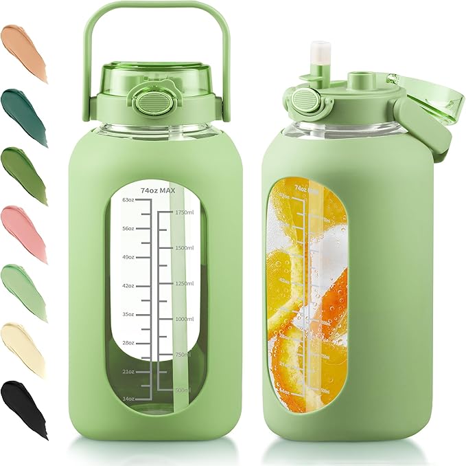 SIEROZUR 64 oz Glass Water Bottle with Straw and Handle Lid Half Gallon Motivational Glass Bottle with Silicone Sleeve and Time Marker Large Reusable Sports Water Jug for Gym Home Workout