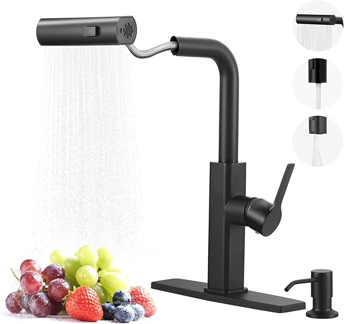 Kitchen Faucet with Pull Down Sprayer: ALEASHA Waterfall Kitchen Sink Faucet with Soap Dispenser, 3 Modes 360° Swivel Single Handle Tap for RV/Bar, Matte Black Single Hole Brass Pull Out Modern Tap