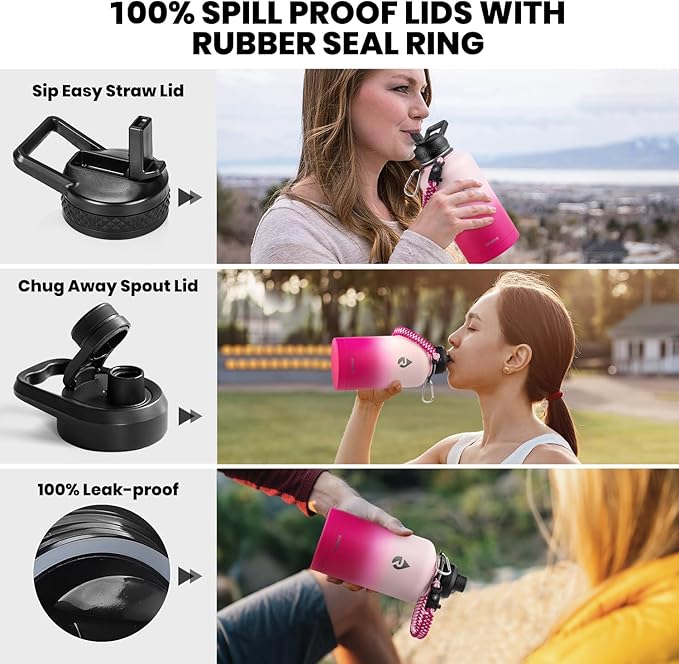 Insulated Water Bottle 64 oz, Triple Wall Vacuum Stainless Steel (Cold for 48 Hrs), Leak Proof & Non-BPA, Half Gallon Water Flask Jug with Paracord Handle & Straw Spout Lids, Ombre Pink