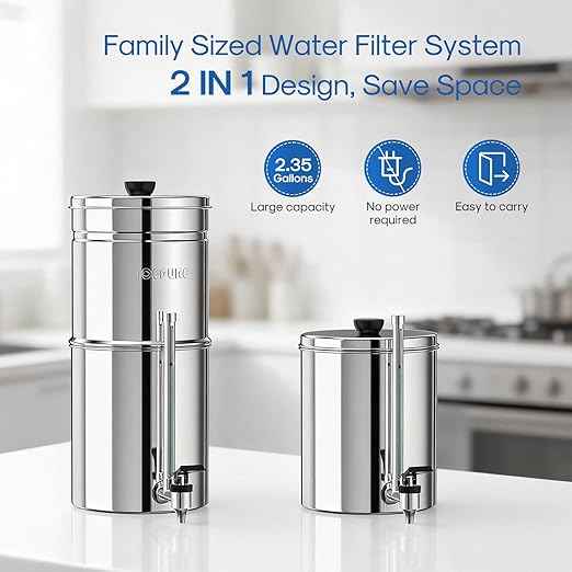 ICEPURE 2.25G Gravity-fed Water Filter System with Sight Glass Spigot, 304 Stainless Steel Countertop System, 2 Black Carbon Filters, Reduce 99% Chlorine, Lead for Home, Camping, Emergencies