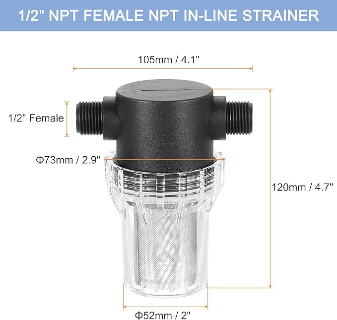 uxcell Pressure Washer Filter 1/2" NPT Female Thread, Inline Mesh Strainer Attachment, Outlet for Pipe Strainer, Stainless Steel Screen with Sealant Tape (Size:40 Mesh) - AquaVibe