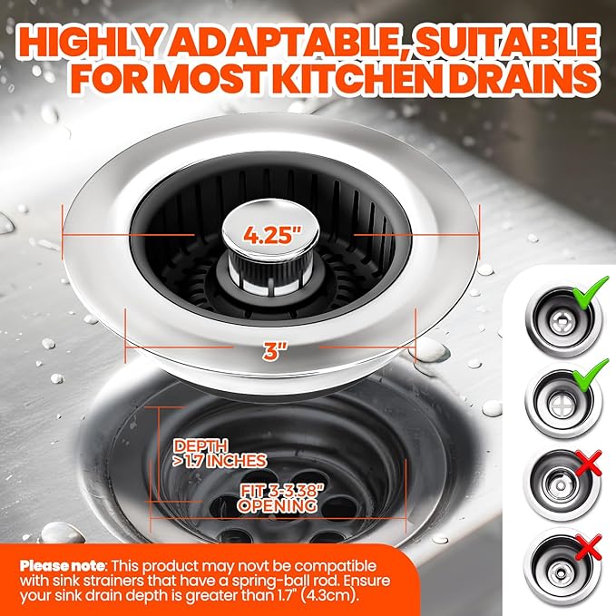 3 in 1 Kitchen Sink Drain Strainer & Sink Stopper, Upgraded Stainless Steel Drain Plug Combo with Anti-Clog Basket, Pop Up Drain Cover for Standard 3-1/2'',Garbage Disposal Parts