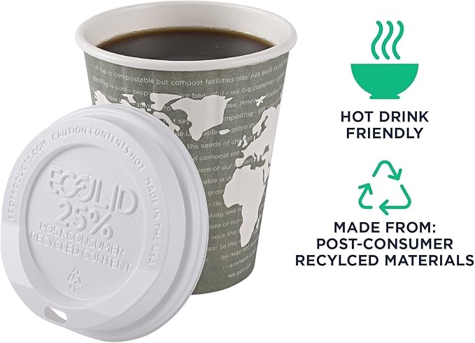 Eco-Products Ecolid Recycled Large Coffee Cup Lids, Case of 1000, White, Fits 10-20oz Hot Cups, Made from 25% Post-Consumer Recycled Plastic Polystyrene, Made in the U.S.A.