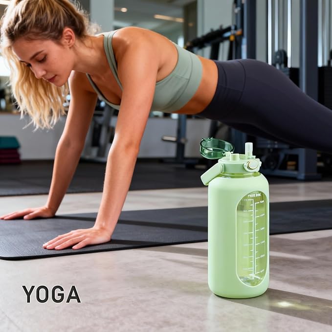 SIEROZUR 64 oz Glass Water Bottle with Straw and Handle Lid Half Gallon Motivational Glass Bottle with Silicone Sleeve and Time Marker Large Reusable Sports Water Jug for Gym Home Workout