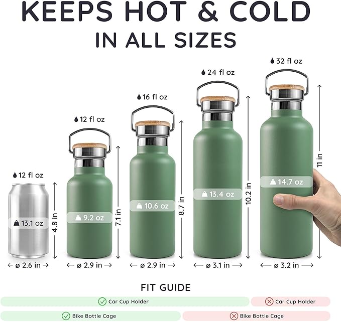 Bambaw Insulated Water Bottle 12 oz, Stainless Steel Water Bottle with Handle, For Hot & Cold Drinks, Rust-Resistant Metal, With Wide Mouth That Fits Tea Infusers (Sage Green)