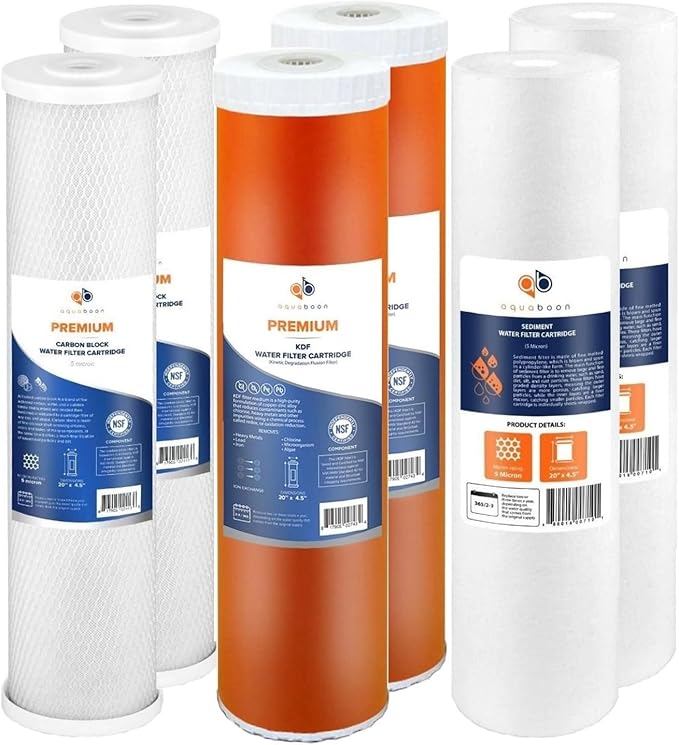 Aquaboon 5 Micron 20 x 4.5 Whole House Water Filter Replacement Cartridge Set: CTO, KDF, Sediment for 3-Stage Water Filtration System 2 Pack