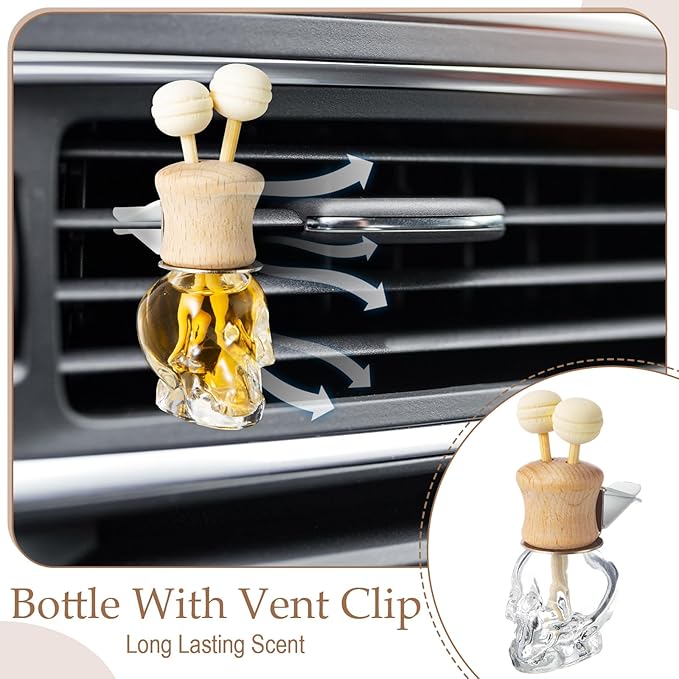 Zubebe 30 Pack Car Air Freshener Diffuser with Vent Clip Empty Car Diffuser Bottles for Essential Oil Perfume Glass Bottle with Wooden Caps Stick(Skull)