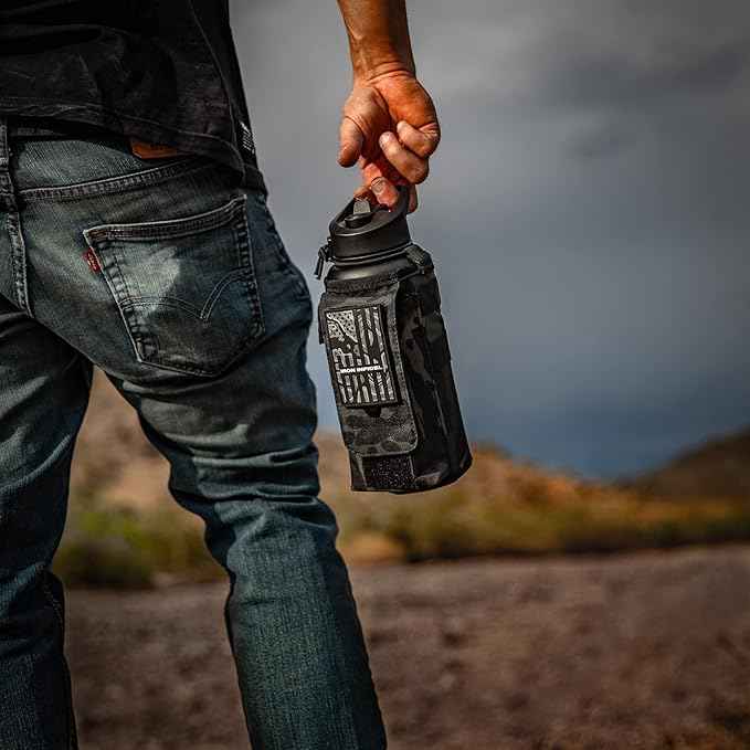 Iron Infidel Battle Bottle - 32 Oz Insulated Water Bottle with Straw Lid & Chug Cap, Stainless Steel Metal Tactical Flask With Rugged, Removable Sleeve for Keys & Phone or Wallet (Black Camo 1 Liter)