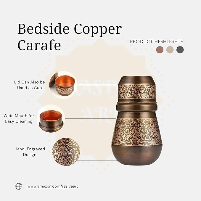 Bedside Water Carafe - Copper Bottle for Drinking Water- Pitcher with Lid - Ayurveda Healing Benefit Heavy Duty Vessel - 34 Oz