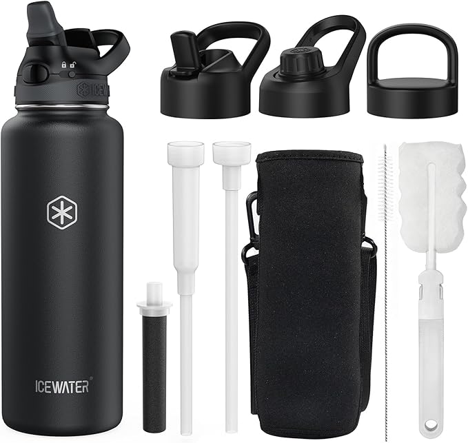 ICEWATER 40 oz Versatile Water Bottle with 4 Lids (Filtered Straw Option Reduces Chlorine Taste & Odor, Ideal for Travel), Triple Wall Vacuum Stainless Steel Insulated Cold for 48H Leak-Proof BPA-Free