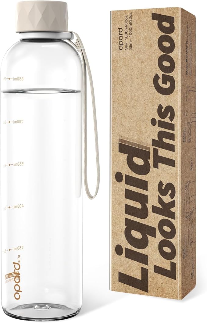 Opard Slim Pro Water Bottle 32oz, Plastic Water Bottle BPA-Free, Facetted Rubberized Grip-Texture Monocap, Leakproof Screw Top, Clear Cream, Reusable for Travel School Sport Gym Hiking