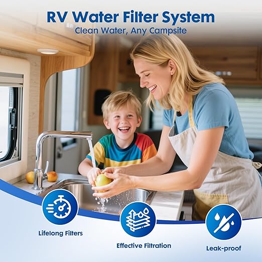 RV Water Filter System, 0.01 Micron RV Water Filtration System, 5-Stage PP+CTO+UF Filtration,Filters Out Sediments, Chlorine, Vocs, Heavy Metals, Odors for Pure Drinking Water, 1" Inlet/Outlet