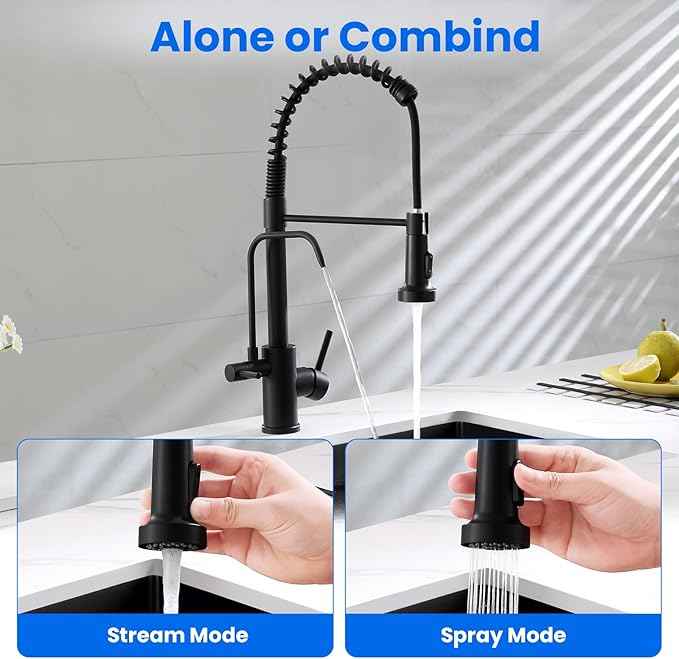 POPFLY 3 in 1 Kitchen Faucet With Drinking Water Purifier, Pull Down Sprayer, High Arch 2 Handle Filter Faucet, Black