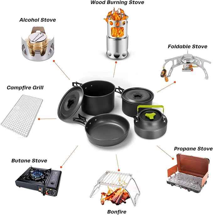 Odoland 29pcs Camping Cookware Mess Kit, Non-Stick Lightweight Pots Pan Kettle, Collapsible Water Container and Bucket, Stainless Steel Cups Plates Forks Knives Spoons for Outdoor Backpacking Picnic