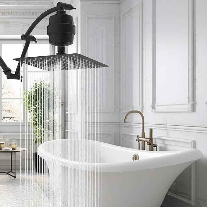 Hibbent All Metal Rain Filtered Shower Head, 10'' High Pressure Rainfall Showerhead with 16" Shower Head Extension Arm, 20 Stage Shower Filter, Solid Brass Adjustable Shower Arm Extender, Matte Black