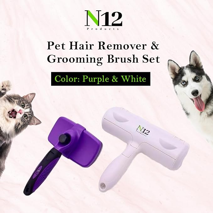 N12 Cat, Dog Hair Remover/Lint Roller and Grooming Hair Bush Combo – Pet Fur Remover for Couch, Furniture, Carpet, Car Seat & Self-Cleaning Slicker Grooming Brush with Long Pins for Shedding - AquaVibe