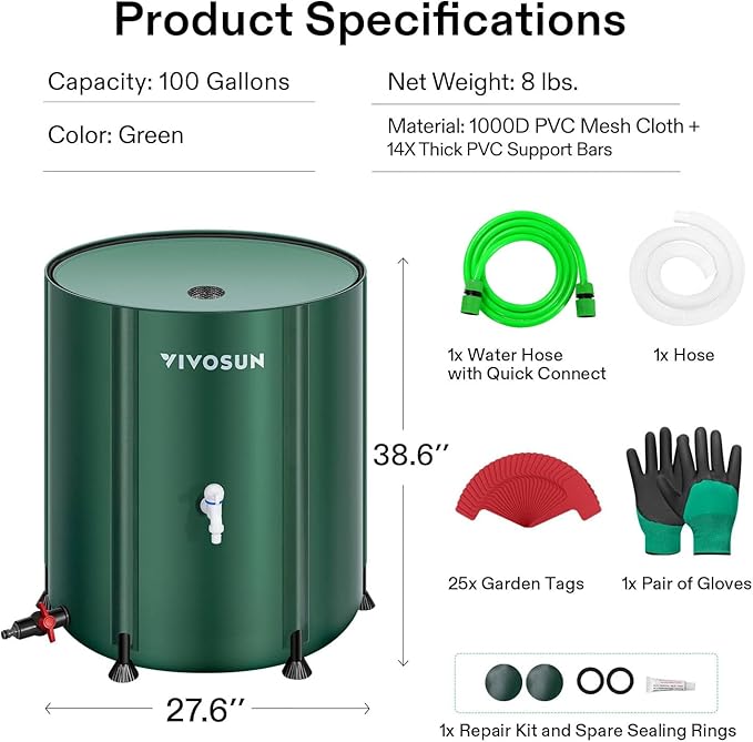 VIVOSUN Collapsible Rain Barrel, 100 Gallon Water Storage Tank with 1000D Oxford Cloth, Portable Rain Collection System Includes Two Spigots and Overflow Kit, Green