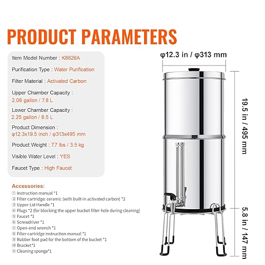 Happybuy Gravity-fed Water Filter System, 2.25G 304 Stainless-Steel Countertop Water Filtration System. Reduces Lead and up to 99% of Chlorine