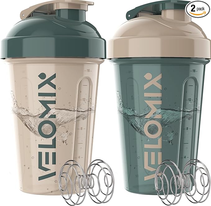 VELOMIX -2 Pack- 20 oz Protein Shaker Bottles for Protein Mixes - 2x Wire Whisk | Leak Proof Shaker Cups for Protein Shakes and Pre Workout | Protein Shaker Bottle Pack (Blue&Beige)