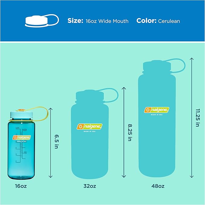 Nalgene 16 oz Wide Mouth Water Bottle | BPA-Free, Durable & Leak Proof, Lightweight Travel Bottle, Fits In Cupholders, Cerulean Sustain