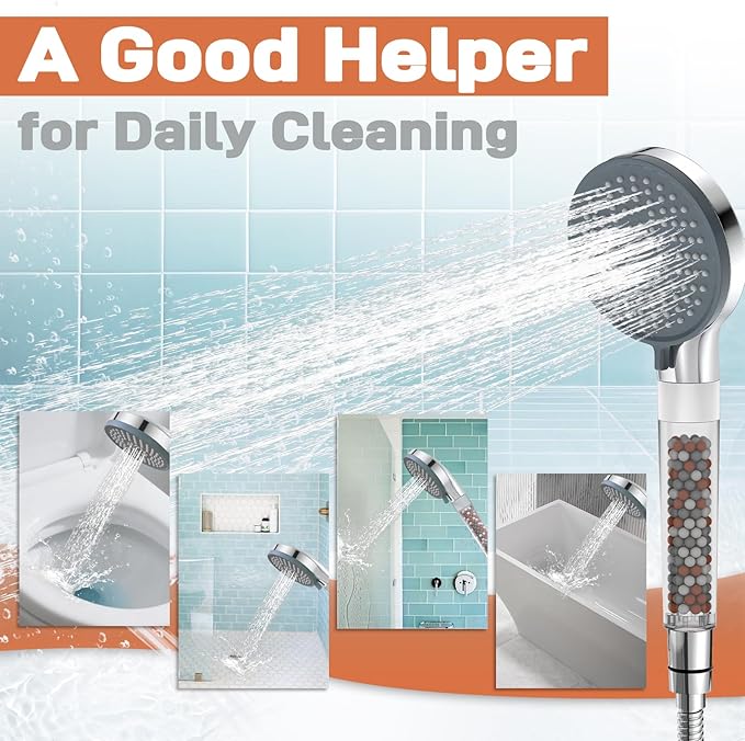YDmeet Filtered Handheld Showerhead with Shower Holder Set, 3-Mode Spray Setting, Long Metal Hose, Extra 6 Packs Replacement Mineral Balls for Refills, Chrome - AquaVibe