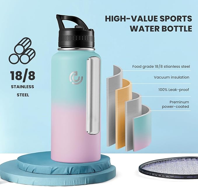 COKTIK 32oz Sports Water Bottle, Stainless Steel Water Bottle for Insulated, Reusable Travel Bottle, With Straw, With Handle Grip for Easy Carrying, Suitable for Cycling, Outdoor Vacations(Bubble Gum)