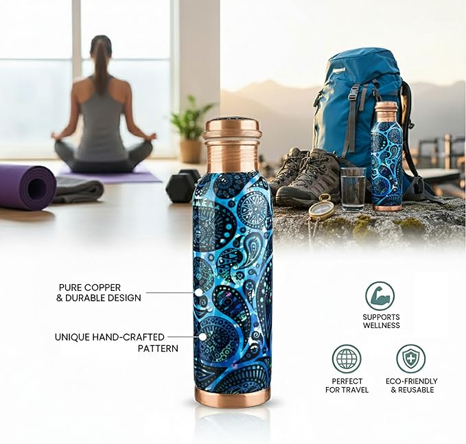 Pure Printed Copper Water Bottle 32 oz - Leak Proof Ayurvedic Drinkware Copper Vessel for Sports, Gym, Outdoors, Yoga, Health Benefits
