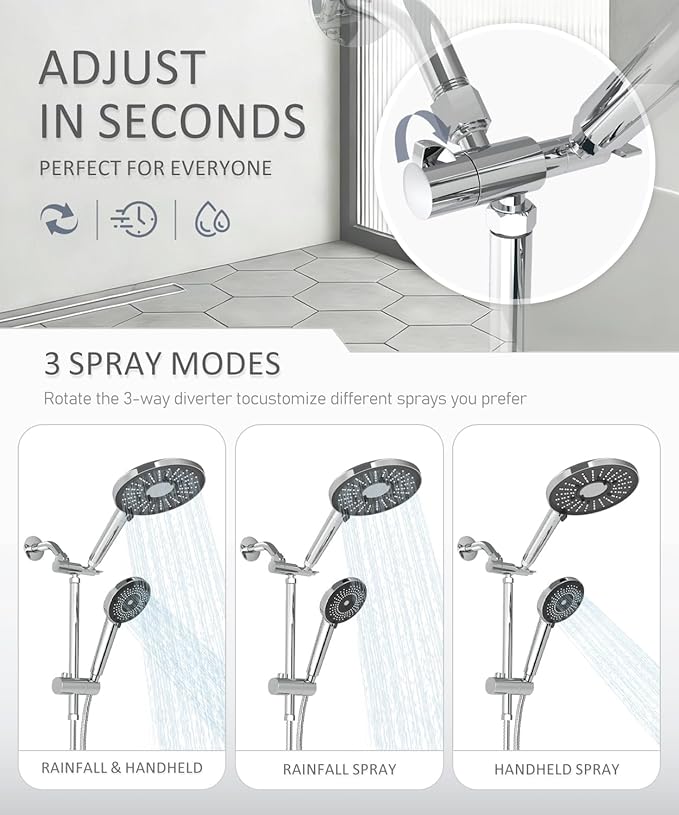 Filtered Shower Head with Handheld Shower Head High Pressure Rainfall System with Slide Bar Dual Filter Softener for Hard Water,6 Spray Modes,Adjustable Height,Chrome