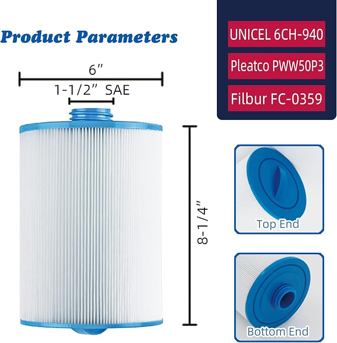 PWW50 Spa Filter, Replaces 6CH-940，Filbur FC-0359, 817-0050, 25252, 03FIL1400, PWW50P3(NOT PWW50P4), (1 1/2" Coarse Thread), Waterway Front Access Skimmer, SAE Thread Hot Tub Filter 2 Pack