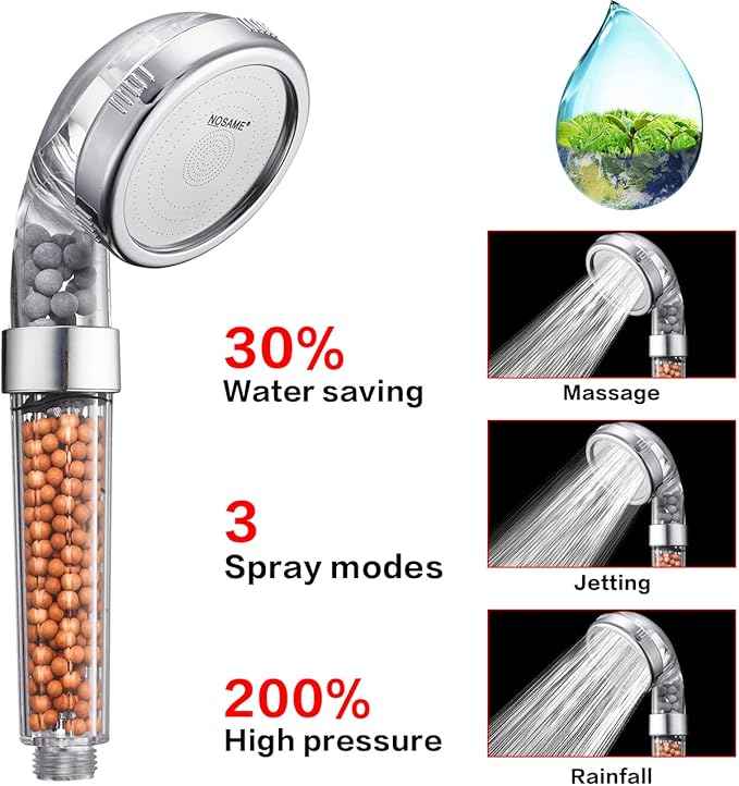 NOSAME Shower Head, Filter Filtration High Pressure Water Saving 3 Mode Function Spray Handheld Showerheads for Dry Skin & Hair