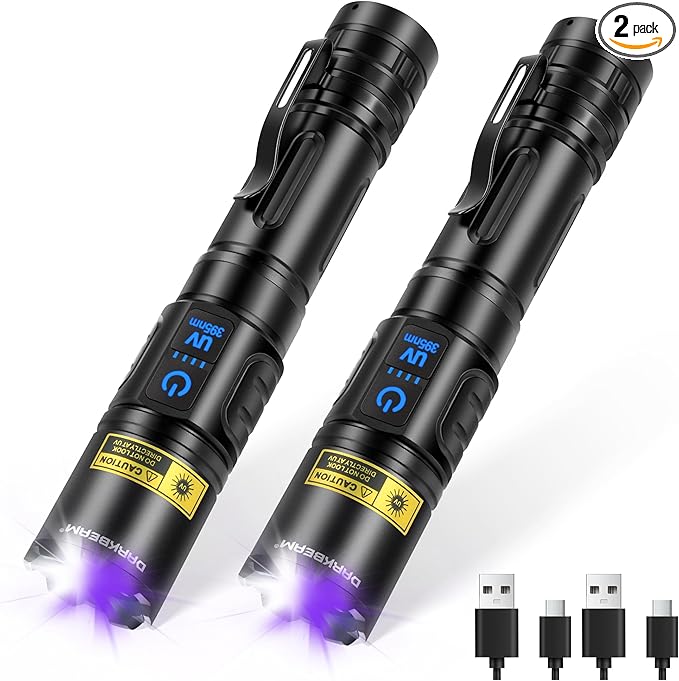 DARKBEAM UV Flashlight Blacklight 395nm Black Light, High Lumens LED Flashlights USB Rechargeable Super Bright for Camping - Powerful Woods Lamp Pet Urine, Uranium Glass Detector, Resin Curing, 2 Pack