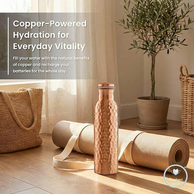 Keshavi Hammered Copper Water Bottle (34 Oz /1000ml)| Pure Copper Drinking Water Bottle - Ideal for Home, Office, Gym & School | Heavy‑Duty, Leak‑Proof Material