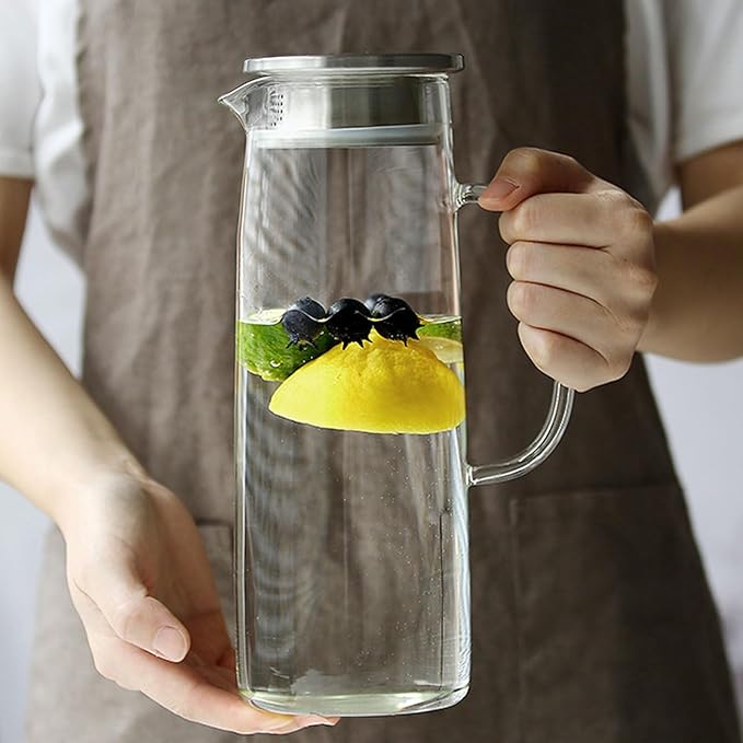 hjn Glass Pitcher with Lid Glass Water Carafe with Handle, Fridge Water Jug Cold or Hot Beverages, Iced Tea, Milk, Juice 1500ml/51oz & aluminum lid