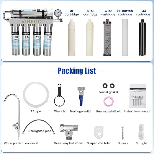0.01μm Ultra Filtration Under Sink Water Filter System with Real-time Pressure Gauge, Water Filter Under Sink Import and Export Dimension Are DN15, for 99.99% Cl Reduction (with 5 Filter and 1 Faucet)