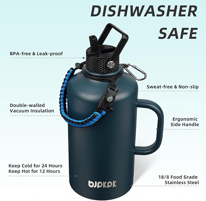 BJPKPK 2/3 Gallon Water Bottle Insulated with Straw Lid, 87oz Large, Stainless Steel Water Bottles with 3 Lids and Paracord Strap, Double Wall Vacuum Metal Water Jug,Navy Blue