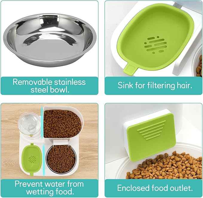 Fhiny Gravity Cat Feeder and Water Dispenser, 2 in 1 Automatic Pet Waterer Detachable Stainless Steel Food Bowls Set Pet Food Storage for Small Dog Puppy Cat Kitten Pet Easy Clean (Green)