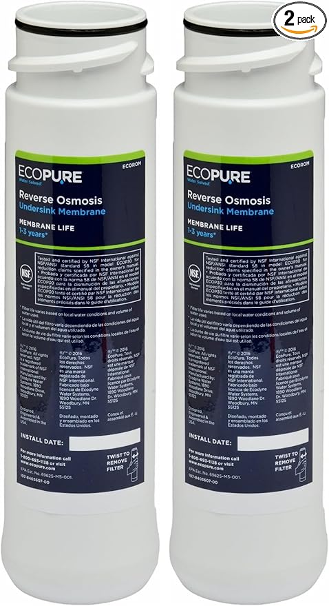 EcoPure ECOROM Reverse Osmosis Under Sink Replacement Water Membrane | NSF Certified | Fits Ecop30 System | 1-3-Year Filter Life, 0.9, White (Pack of 2)