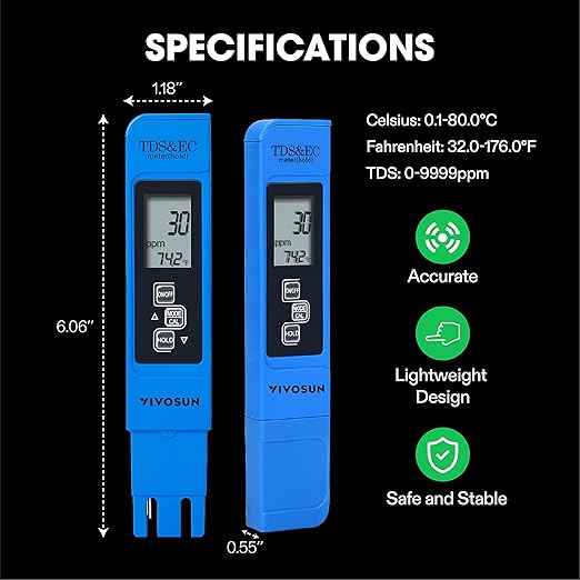 VIVOSUN TDS Tester 3-in-1 TDS EC & Temperature Meter Ultrahigh Accuracy Digital Water Quality TDS Tester (Blue)