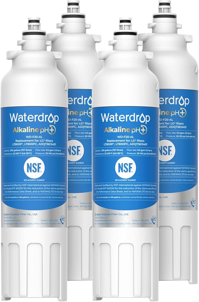 Waterdrop 𝐀𝐥𝐤𝐚𝐥𝐢𝐧𝐞 ADQ73613401 Water Filter, 𝐄𝐧𝐡𝐚𝐧𝐜𝐞𝐬 𝐩𝐇, Replacement for LG® LT800P®, ADQ73613402, ADQ75795104, LSXS26326S, LMXC23746S, LSXS26366S, LSXS26386D, 4 Filters - AquaVibe