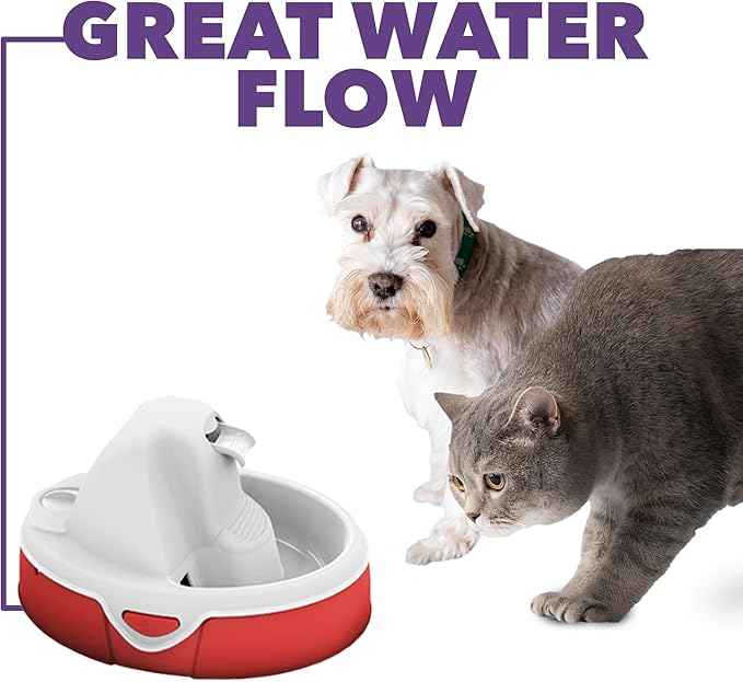 Aqua Flow Premium Pet Water Fountain - Automatic Dispenser Drinking Bowl for Cats and Dogs - Anti-Hair Drainage System - Replaceable Filters - Ideal for Multiple Pets - 52 up to 120 fl oz - Red&Gray