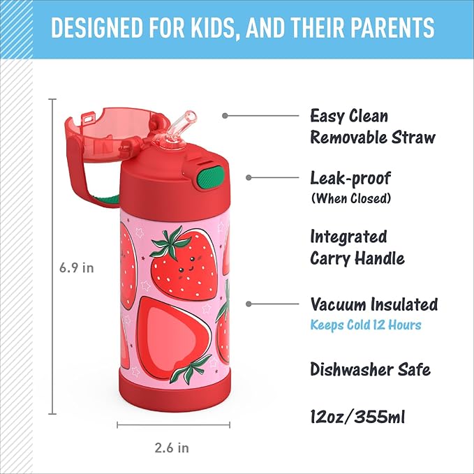 THERMOS FUNTAINER Water Bottle with Straw - 12 Ounce - Kids Stainless Steel Vacuum Insulated Water Bottle with Lid, Strawberry Smiles