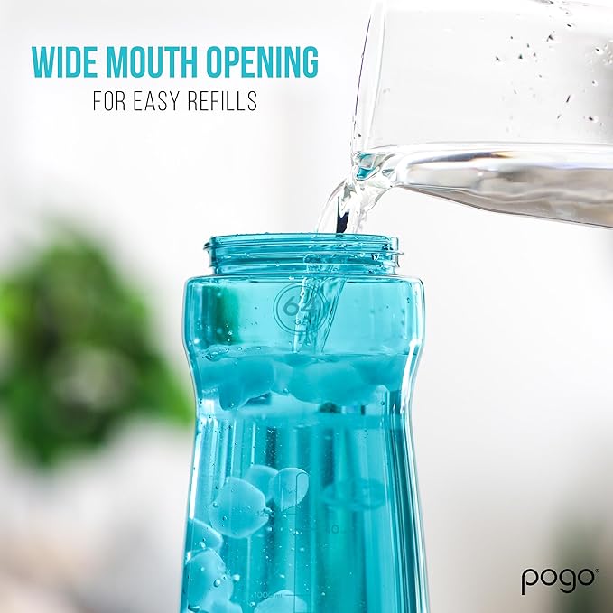 Pogo 64oz Plastic Water Bottle with Leak-Proof Chug Lid and Carry Handle, Reusable, BPA Free, Capacity Markings, Dishwasher Safe, Perfect for Travel, School, Outdoors, and Gym, Blue