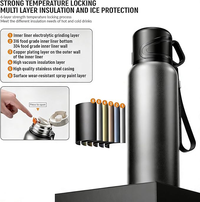 Double wall vacuum Leakproof stainless steel wide mouth insulated water bottle;tea tumbler with infuser,cup,lid;smart thermoses hot drinks;thermal flask ice coffee with led digital temperature display