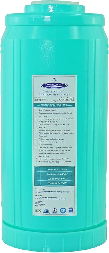 Crystal Quest GAC Coconut Shell Water Filter Cartridge - Reduces Chlorine & Chloramines, Long-Lasting Performance, Durable Construction, Enhanced Filtration for Crystal Quest Systems 4-5/8” x 9-3/4”