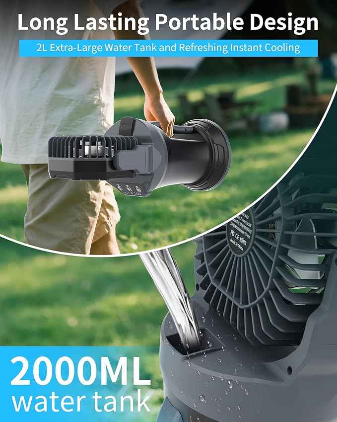 AVV Portable Misting Fan with RGB Ambient Light- 2L Water Tank, 4 Speeds & Spray Mist Fan, 30000mAh Rechargeable Misting Fans for Outdoor/Indoor Fans for Camping, Patio, Garden, Grey-Black