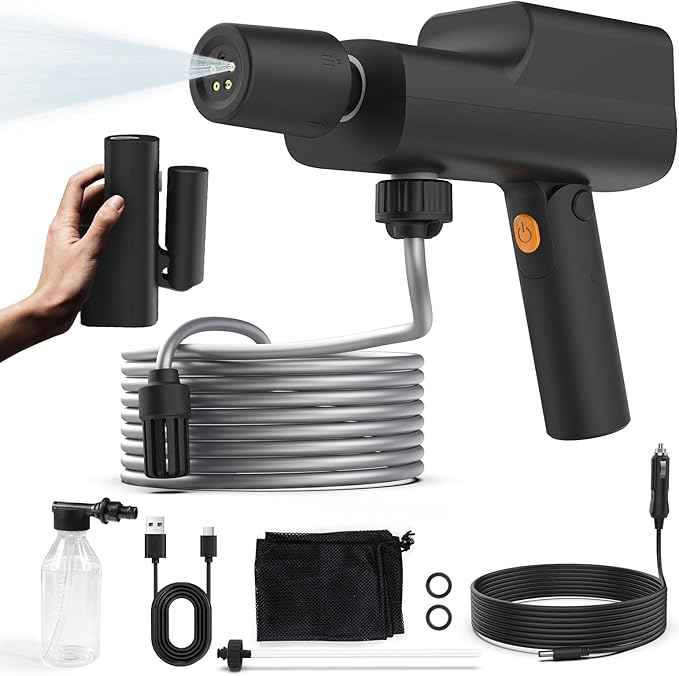 Foldable Cordless Pressure Washer with Battery & Car Charger, 249PSI Portable Power Washer Gun with 16.4 FT Hose & 5-in-1 Nozzle Handheld High Pressure Cleaner for Car Bicycles Camping Patio