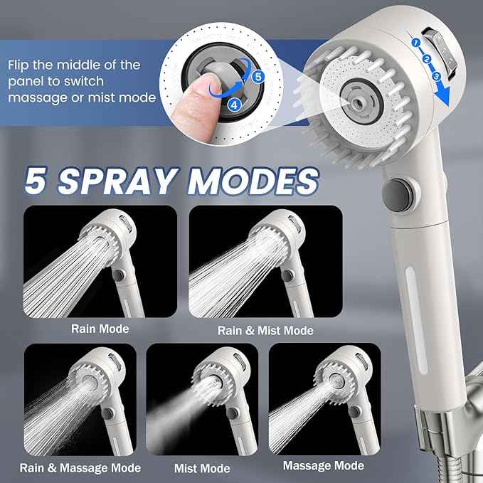 Filtered Shower Head with Handheld, High Pressure 5-Spray Shower Head with Filters for Hard Water, ON/OFF Switch Showerhead for Pets Bath, Shower Heads with Stainless Steel Hose Remove Chlorine