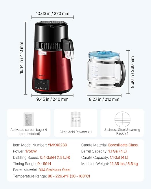 VEVOR Water Distiller, 4L 1.1 Gallon Pure Water Purifier Filter for Home Table Countertop, 1750W Distilled Maker with Glass Pot, Stainless Steel Interior Drinking Machine to Make Clean Waters, Red