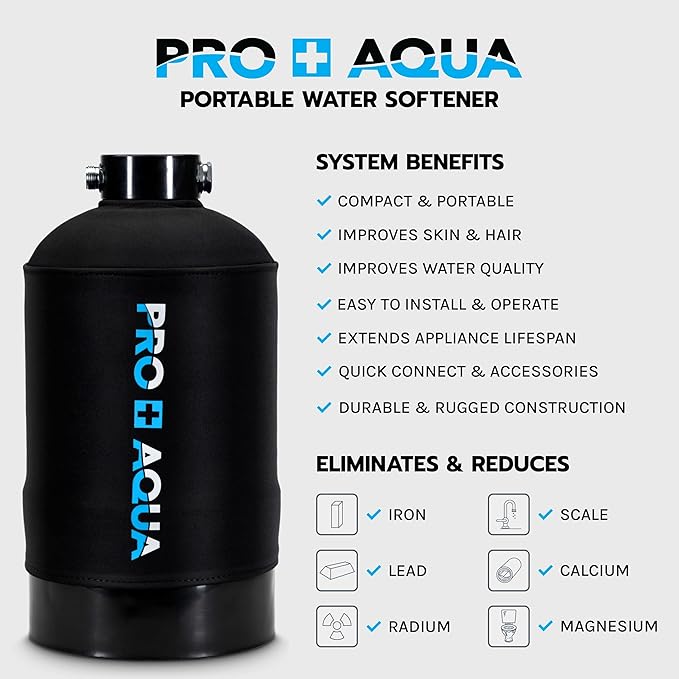 PRO+AQUA Portable RV Water Softener 16,000 Grains and Filtration System Bundle, Filter and Soften Hard Water for RV Trailers Vans